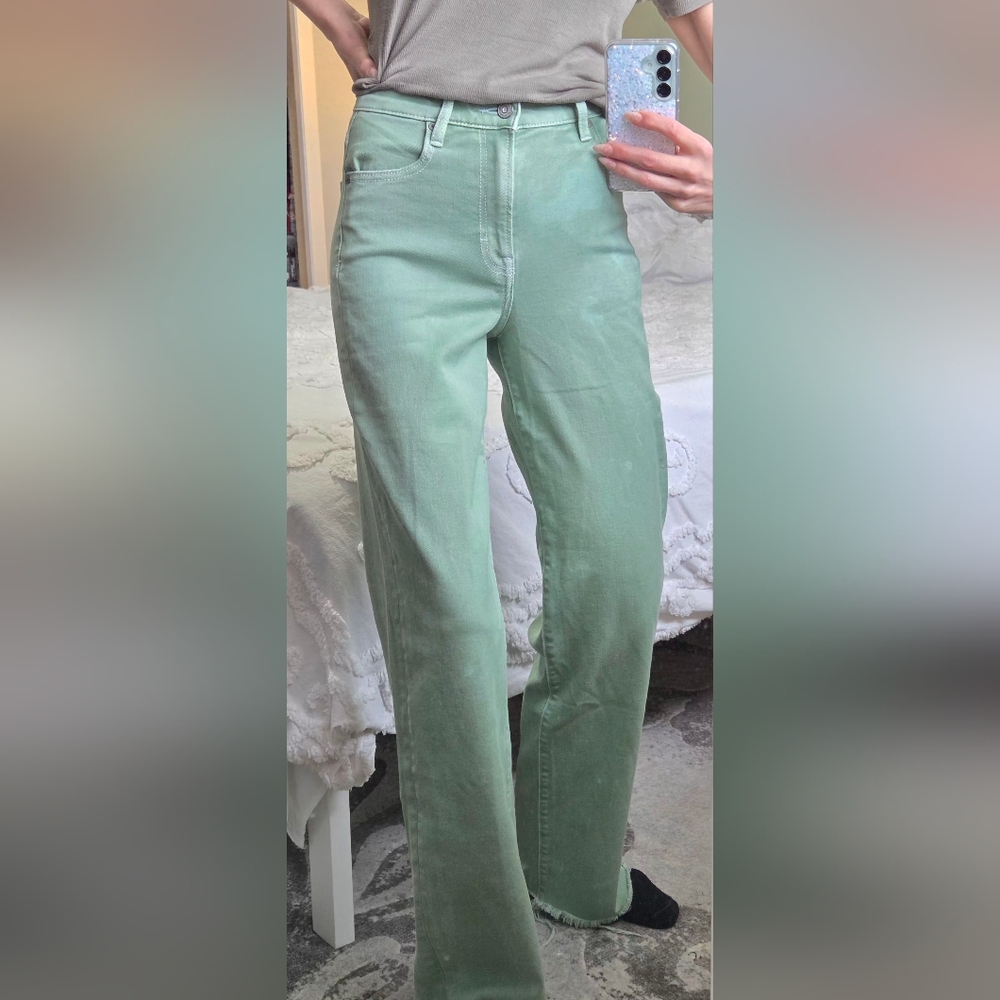Mint Green Wide Leg High-Waisted Acid Wash Raw Hem Hidden Denim Jeans Sz 24